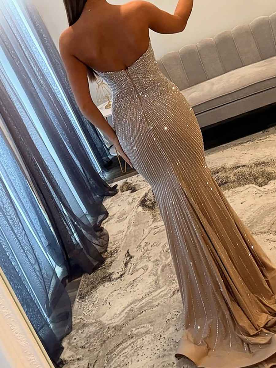 Glamorous Champagne Strapless Starburst Beaded Mermaid Prom Dress