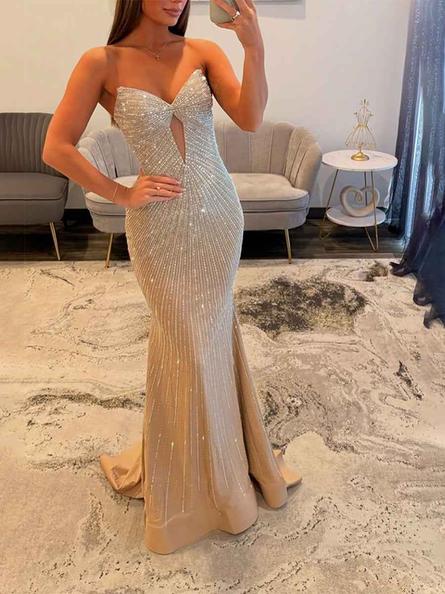 Glamorous Champagne Strapless Starburst Beaded Mermaid Prom Dress