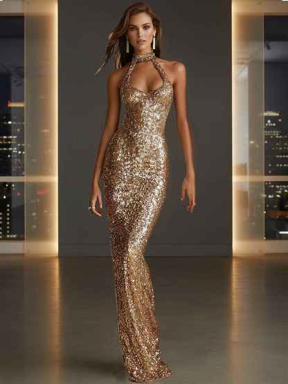 Glamorous Gold Sequin Halter Neck Mermaid Long Prom Dress