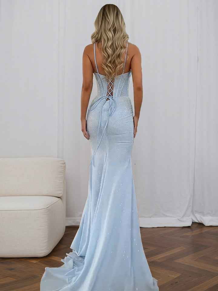 Glamorous Icy Blue Glitter Corset Prom Dress with Thigh-High Slit