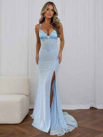 Glamorous Icy Blue Glitter Corset Prom Dress with Thigh-High Slit