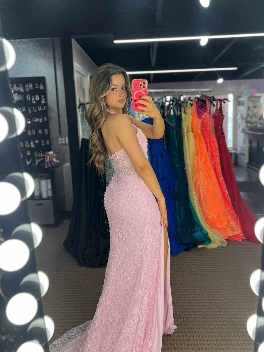 Glamorous Light Pink Beaded Halter Prom Dress with High Slit