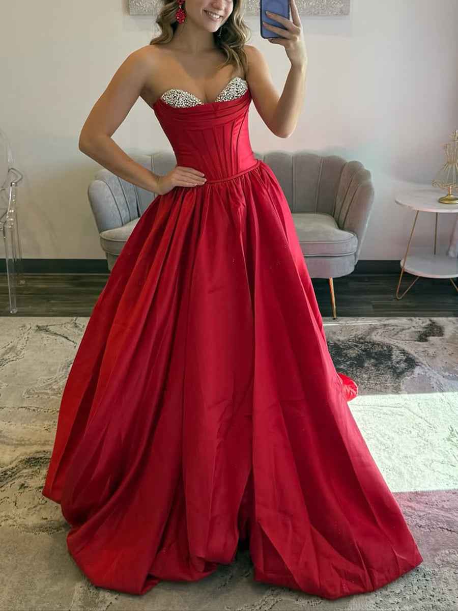 Glamorous Red Satin Strapless Prom Dress with Crystal Bust