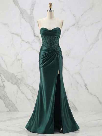 Glamorous Strapless Beaded Corset Satin Prom Dress with Slit