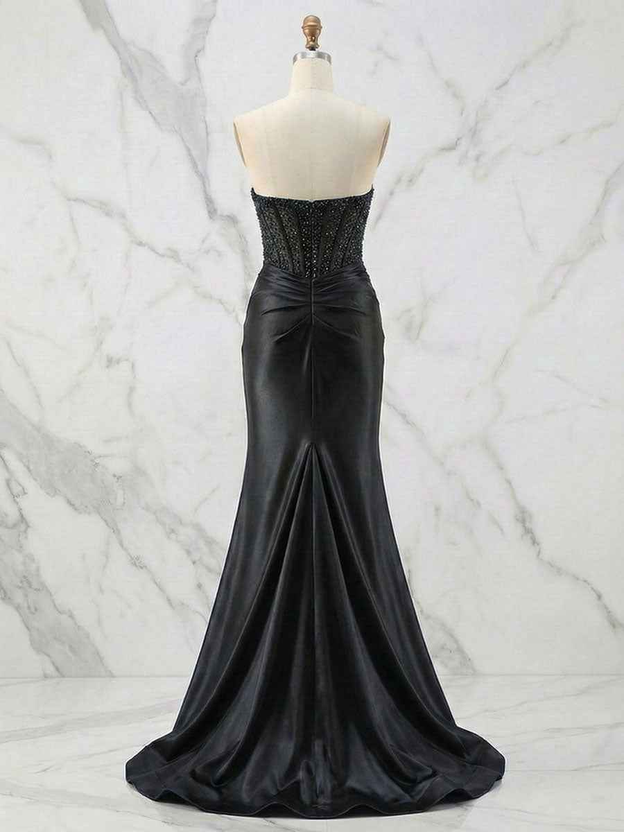 Glamorous Strapless Beaded Corset Satin Prom Dress with Slit