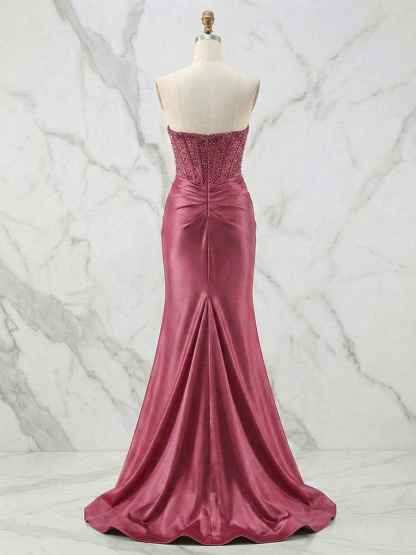Glamorous Strapless Beaded Corset Satin Prom Dress with Slit
