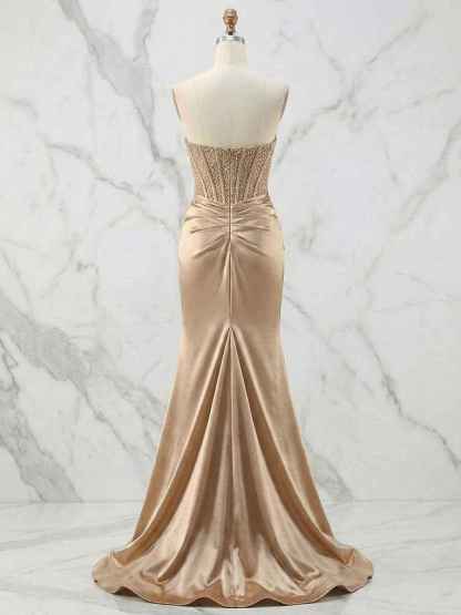 Glamorous Strapless Beaded Corset Satin Prom Dress with Slit