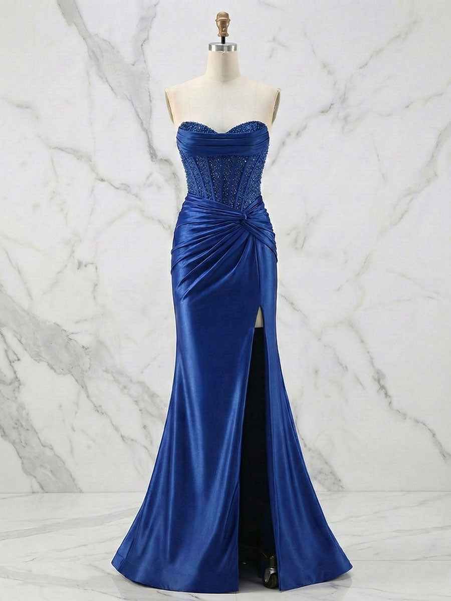 Glamorous Strapless Beaded Corset Satin Prom Dress with Slit