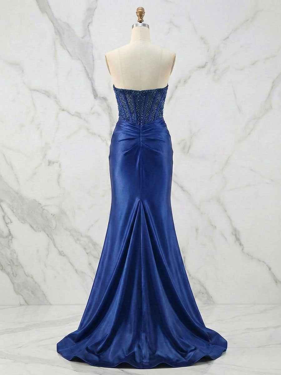 Glamorous Strapless Beaded Corset Satin Prom Dress with Slit