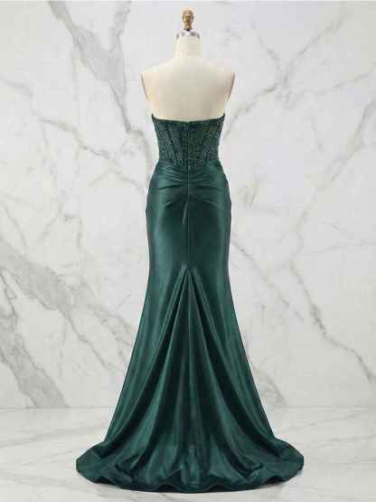 Glamorous Strapless Beaded Corset Satin Prom Dress with Slit