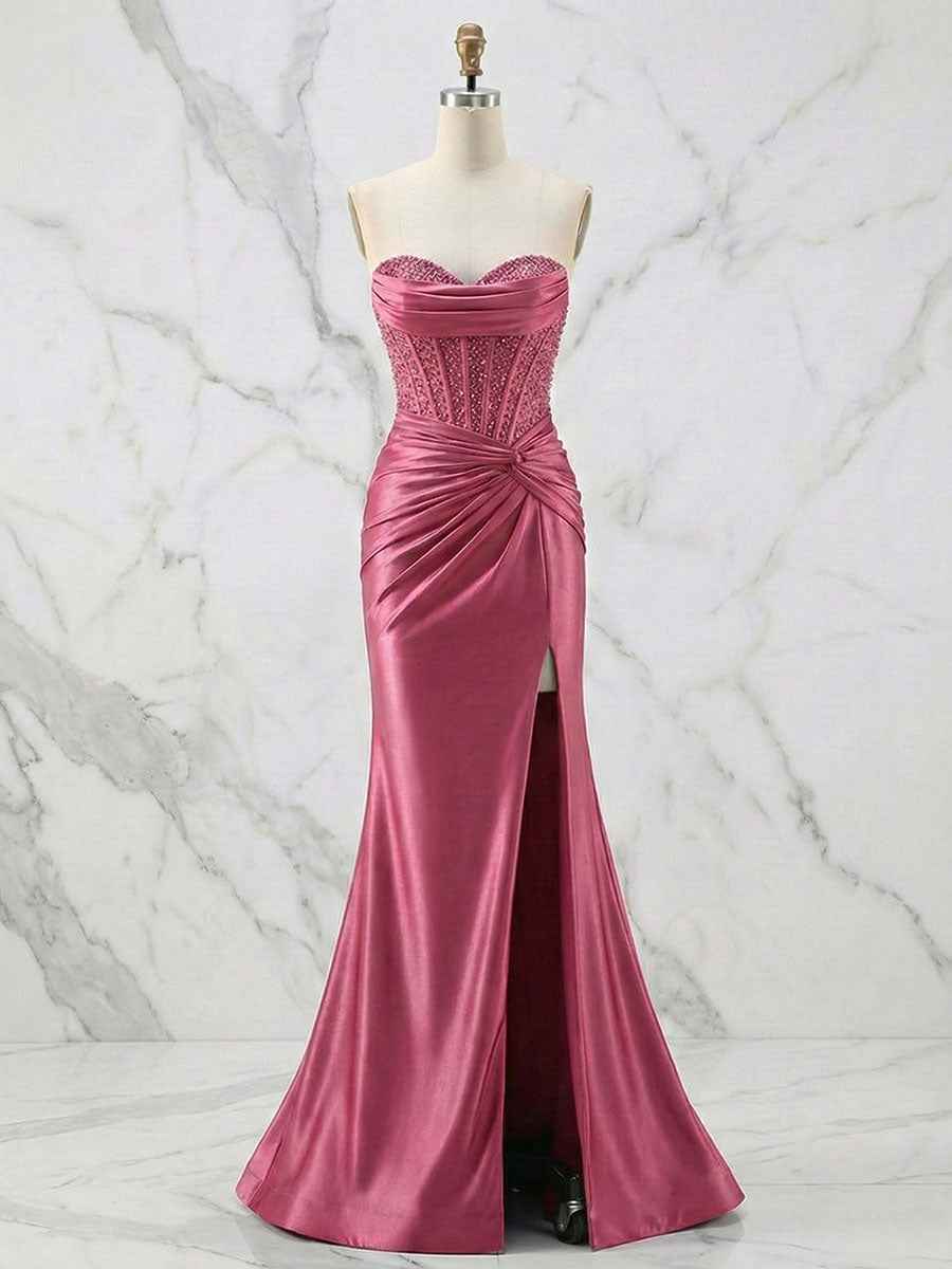 Glamorous Strapless Beaded Corset Satin Prom Dress with Slit
