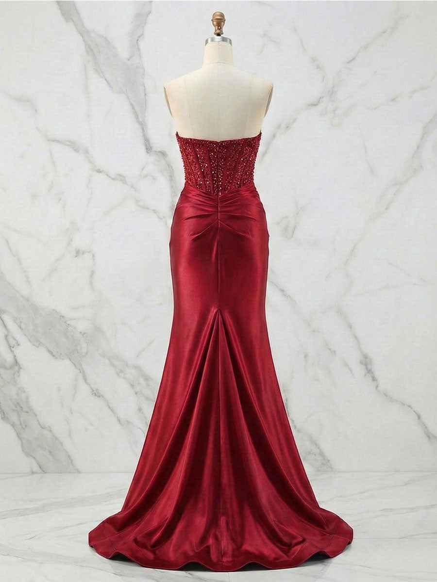 Glamorous Strapless Beaded Corset Satin Prom Dress with Slit