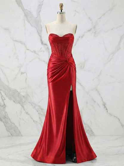 Glamorous Strapless Beaded Corset Satin Prom Dress with Slit