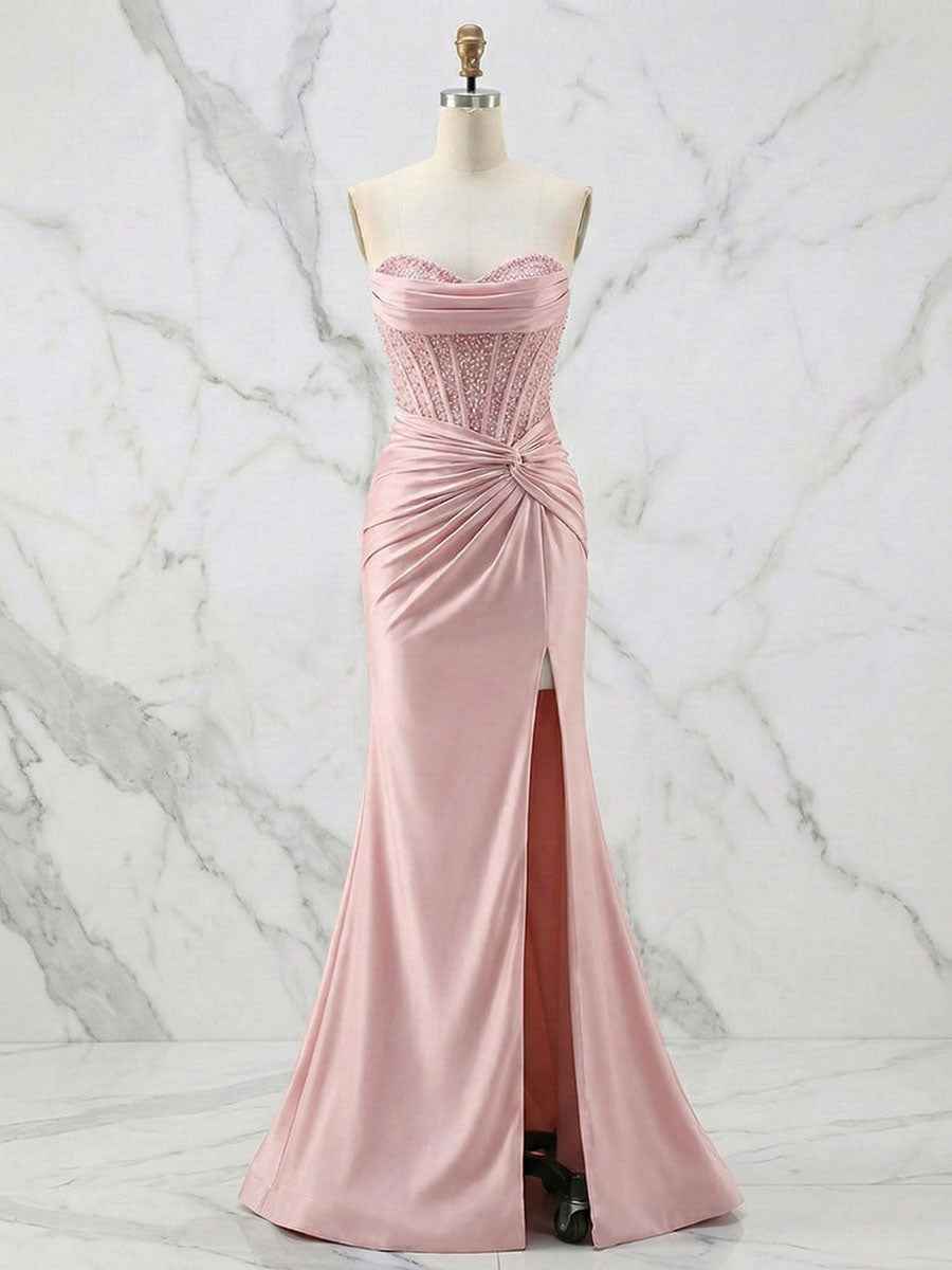 Glamorous Strapless Beaded Corset Satin Prom Dress with Slit
