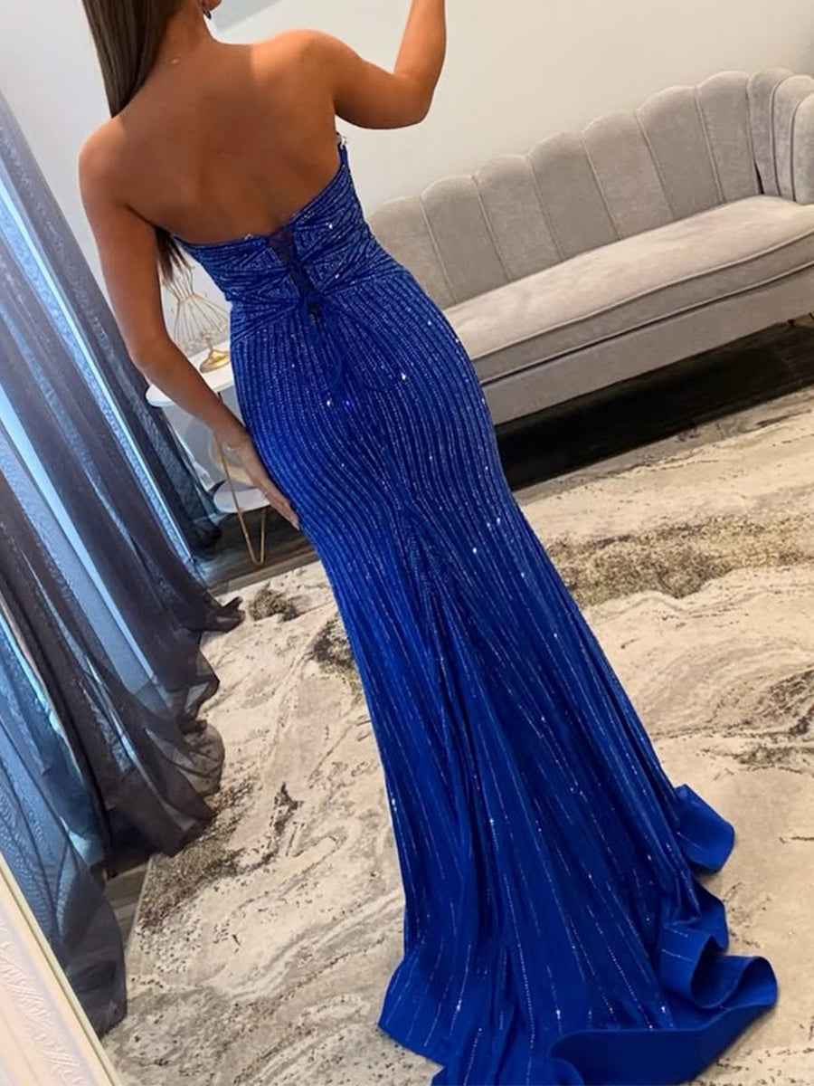 Glamorous Royal Blue Linear Beaded Cutout Prom Dress with Slit