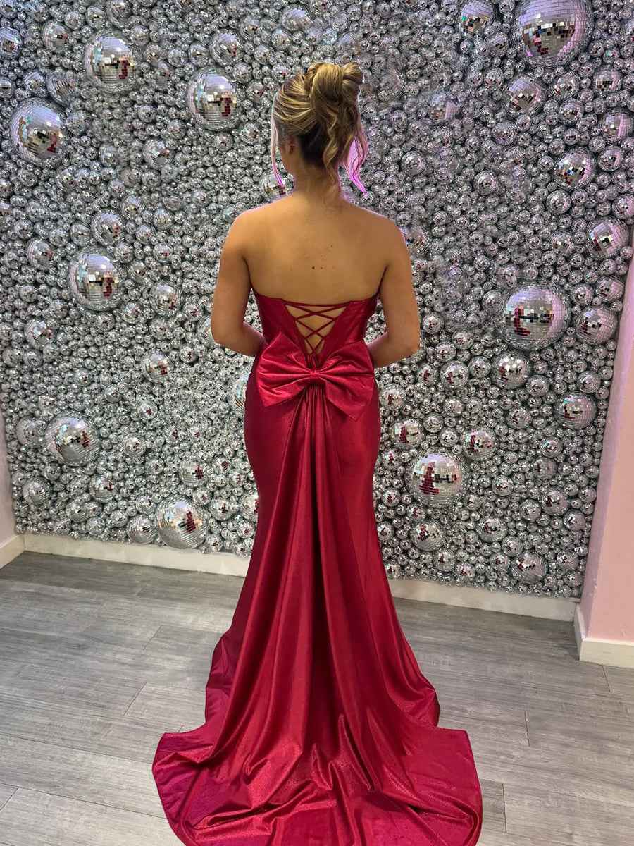 Glamorous Ruby Red Strapless Corset Prom Dress with Shimmer Finish
