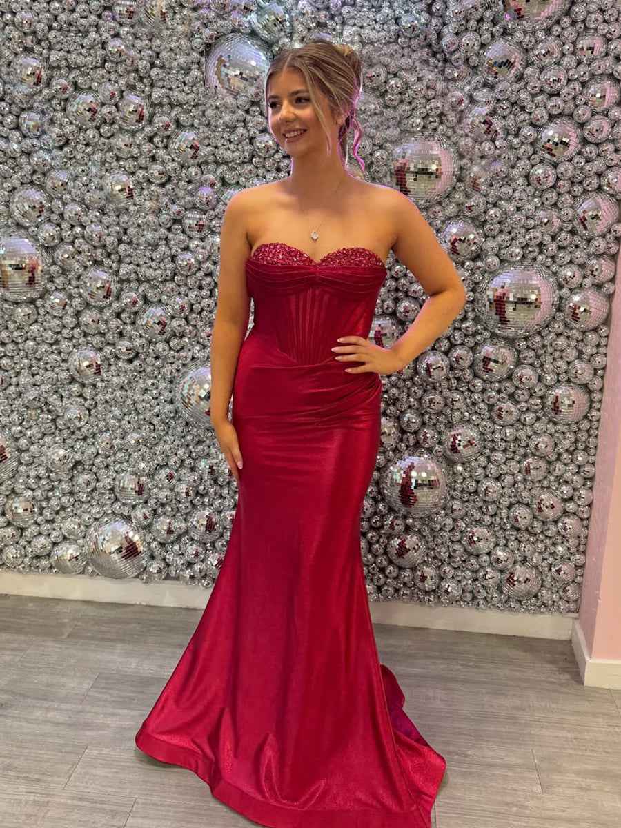 Glamorous Ruby Red Strapless Corset Prom Dress with Shimmer Finish