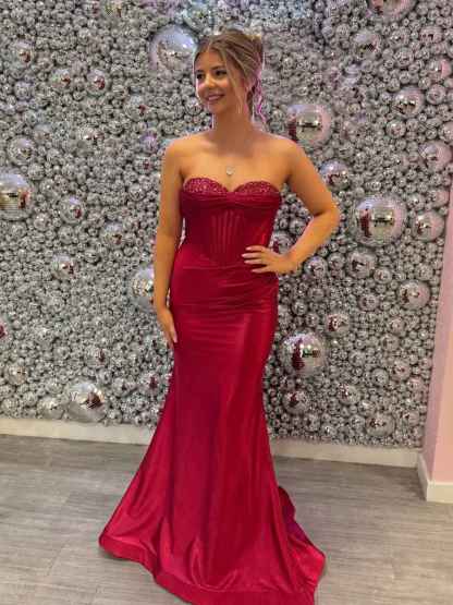 Glamorous Ruby Red Strapless Corset Prom Dress with Shimmer Finish