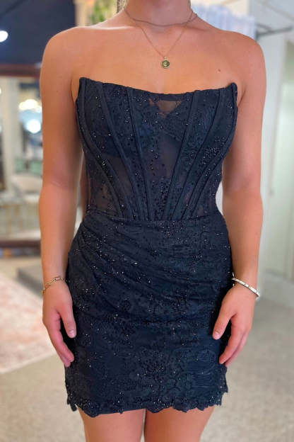 Glitter Black Strapless Bodycon Ruched Short Corset Homecoming Dress with Beading