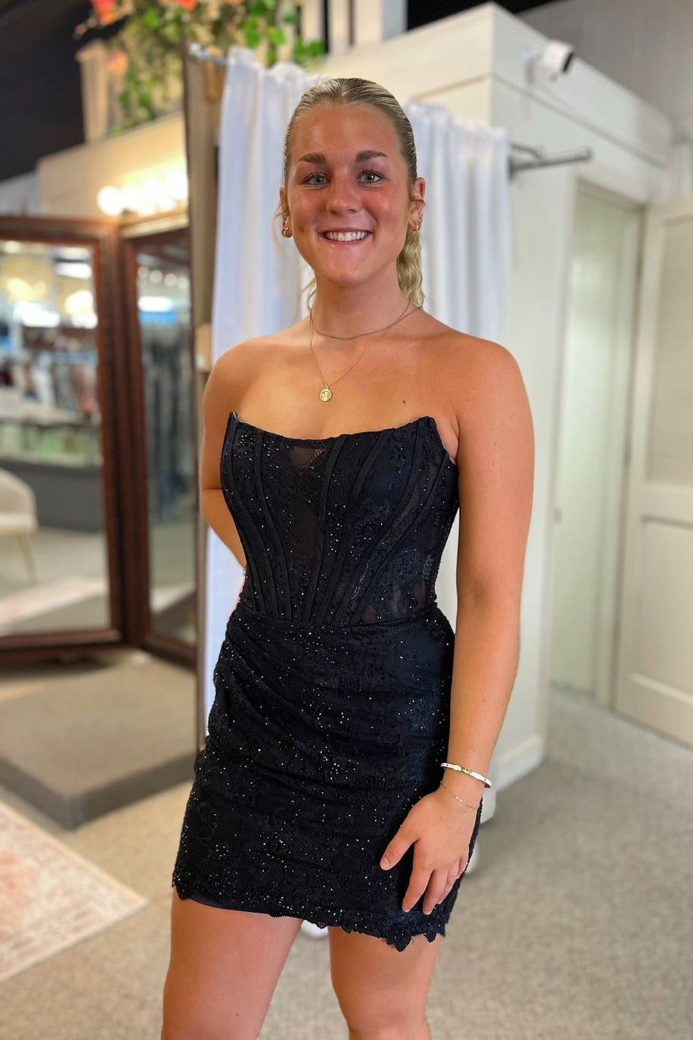 Glitter Black Strapless Bodycon Ruched Short Corset Homecoming Dress with Beading