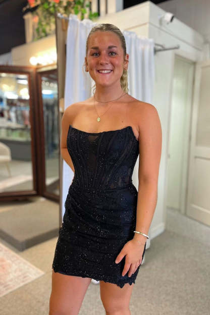 Glitter Black Strapless Bodycon Ruched Short Corset Homecoming Dress with Beading