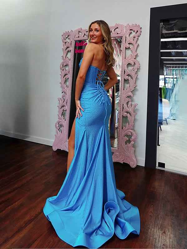 Glitter Blue Mermaid Strapless Satin Long Prom Dress with Slit