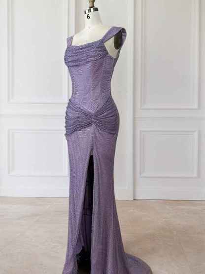 Glitter Lavender Off The Shoulder Shimmer Ruched Prom Dress with Slit
