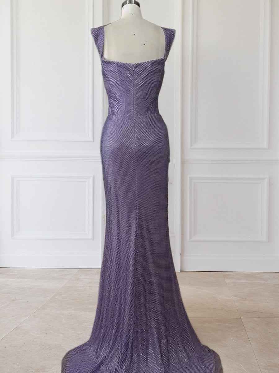 Glitter Lavender Off The Shoulder Shimmer Ruched Prom Dress with Slit