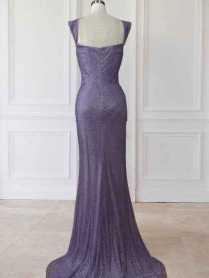 Glitter Lavender Off The Shoulder Shimmer Ruched Prom Dress with Slit