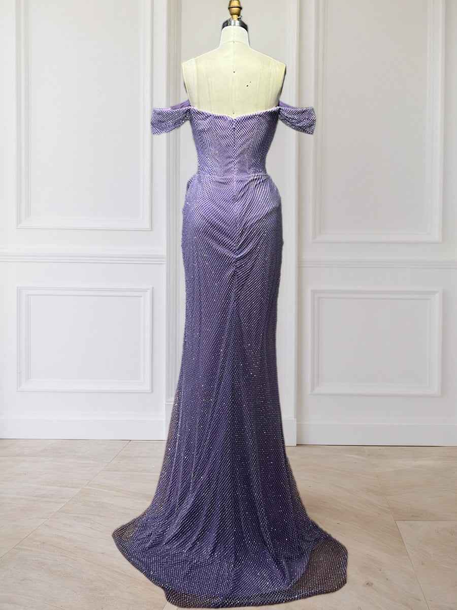 Glitter Lavender Off The Shoulder Shimmer Ruched Prom Dress with Slit