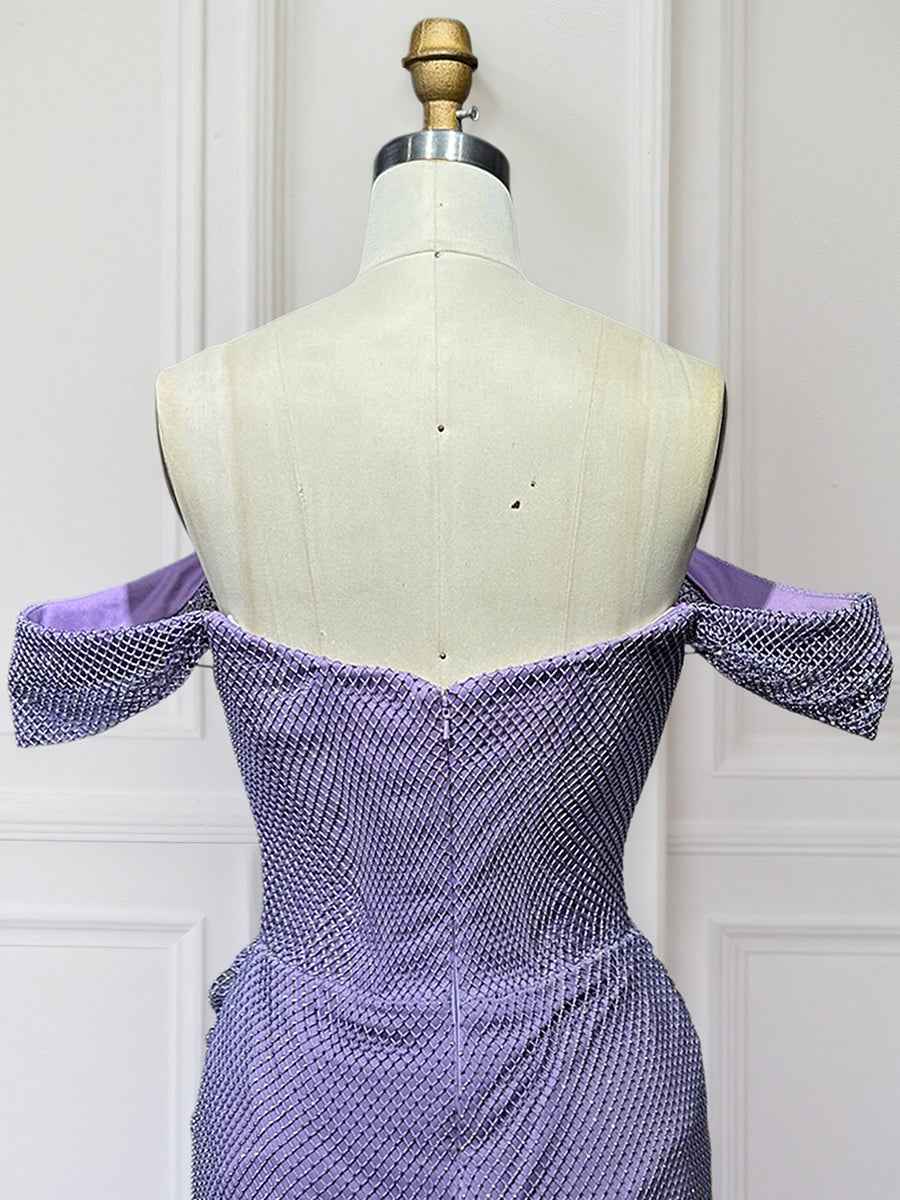 Glitter Lavender Off The Shoulder Shimmer Ruched Prom Dress with Slit