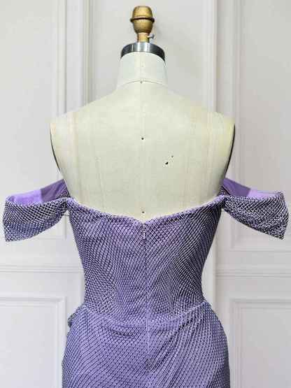 Glitter Lavender Off The Shoulder Shimmer Ruched Prom Dress with Slit