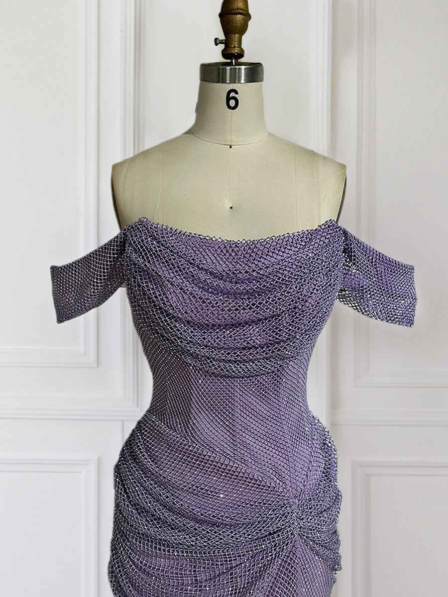 Glitter Lavender Off The Shoulder Shimmer Ruched Prom Dress with Slit