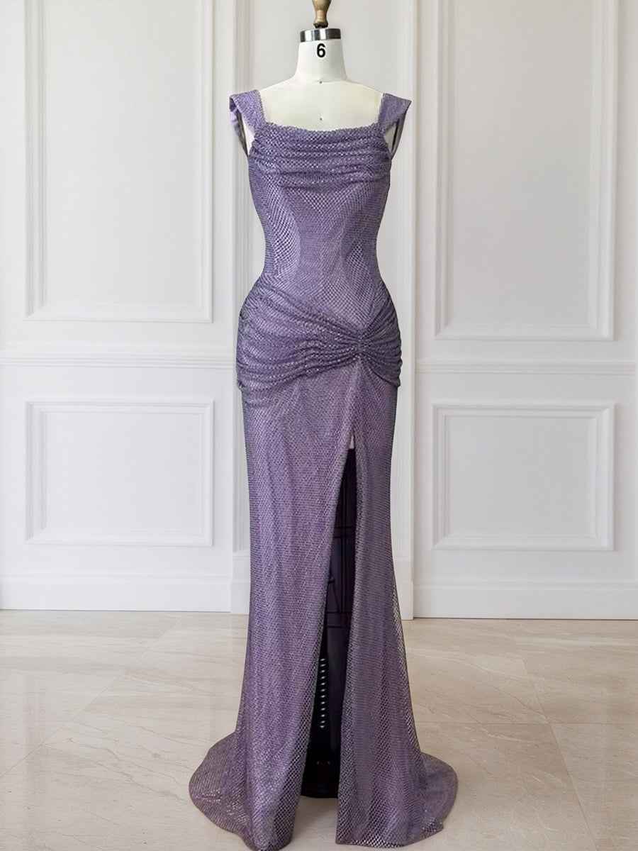 Glitter Lavender Off The Shoulder Shimmer Ruched Prom Dress with Slit