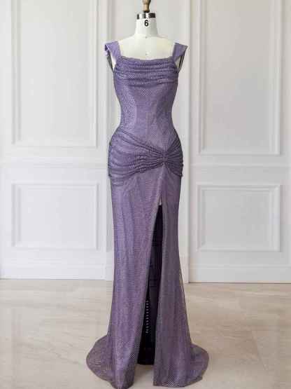 Glitter Lavender Off The Shoulder Shimmer Ruched Prom Dress with Slit