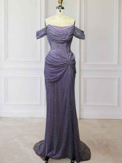 Glitter Lavender Off The Shoulder Shimmer Ruched Prom Dress with Slit