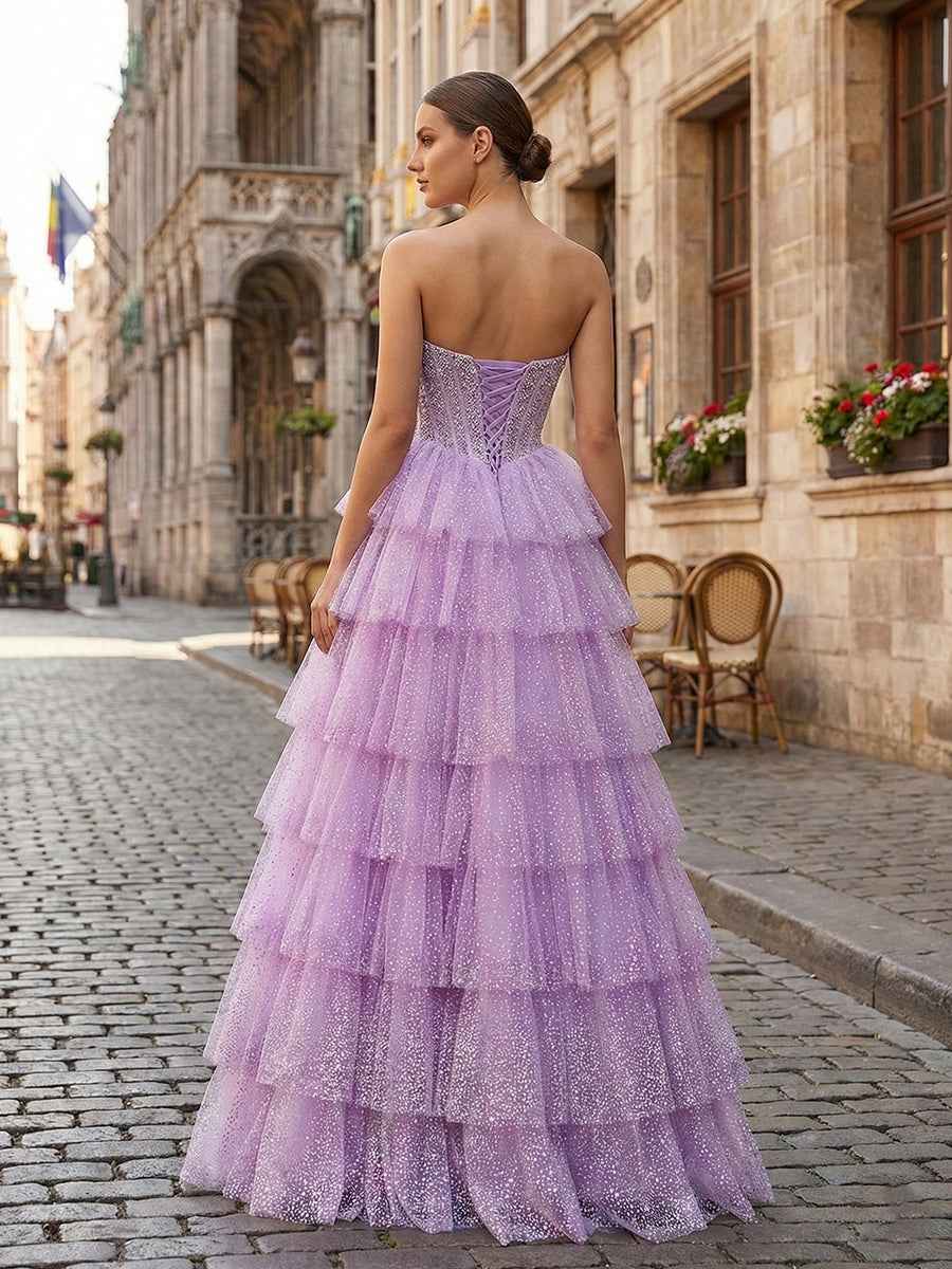 Glitter Lavender Strapless Beaded Corset Tiered Prom Dress