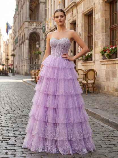 Glitter Lavender Strapless Beaded Corset Tiered Prom Dress