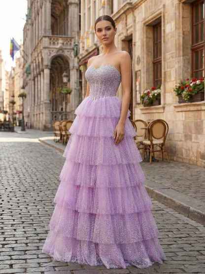 Glitter Lavender Strapless Beaded Corset Tiered Prom Dress