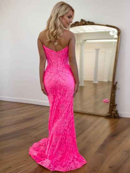 Glitter Mermaid Strapless Long Lace Prom Dress with Slit