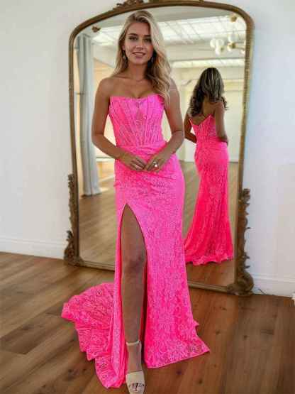 Glitter Mermaid Strapless Long Lace Prom Dress with Slit