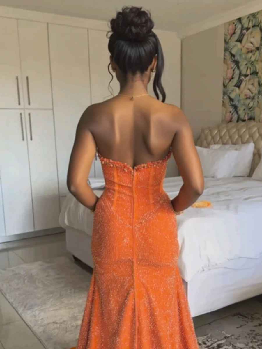 Glitter Strapless Mermaid Sequined Long Prom Dress with Slit