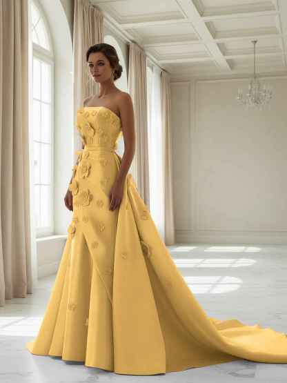 Pink A Line Satin Strapless Prom Dress with 3D Floral Appliques