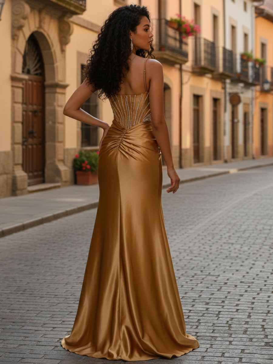 Gold Liquid Beaded Bodice Satin Prom Dress with Slit