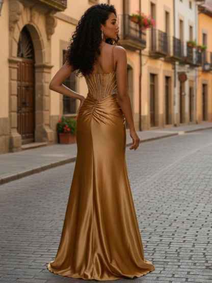 Gold Liquid Beaded Bodice Satin Prom Dress with Slit