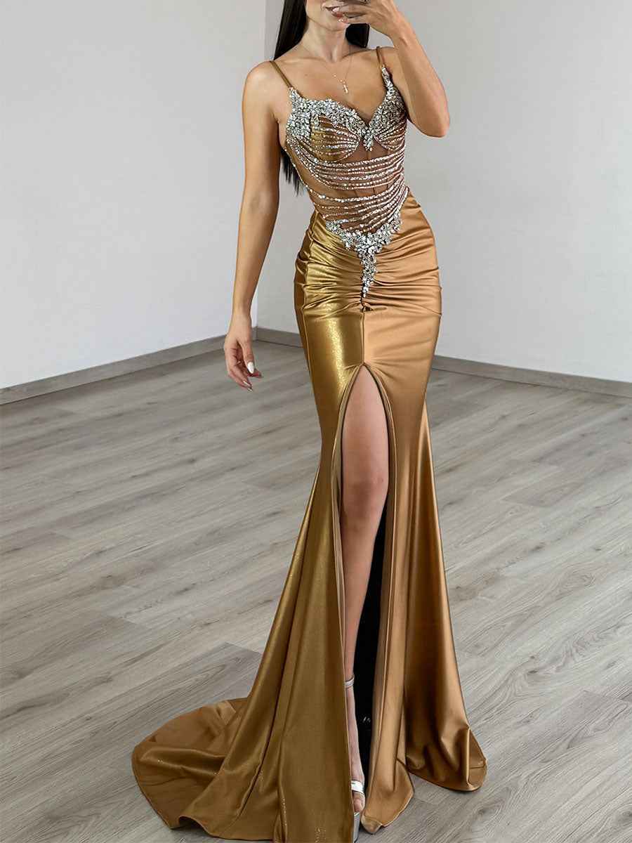 Gold Liquid Beaded Bodice Satin Prom Dress with Slit