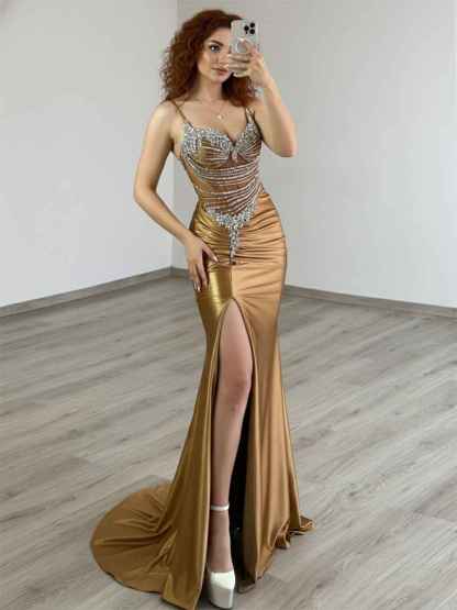 Gold Plunging V-Neck Beaded Bodice Satin Prom Dress with Slit