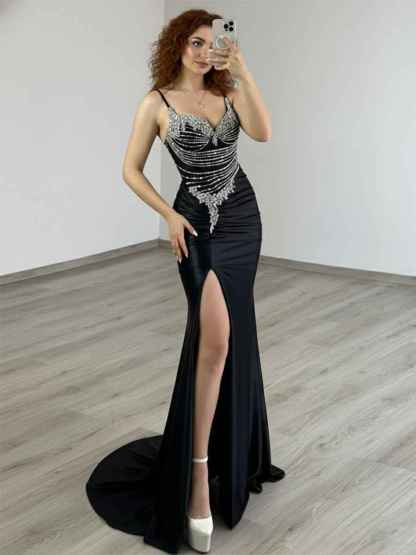 Gold Plunging V-Neck Beaded Bodice Satin Prom Dress with Slit