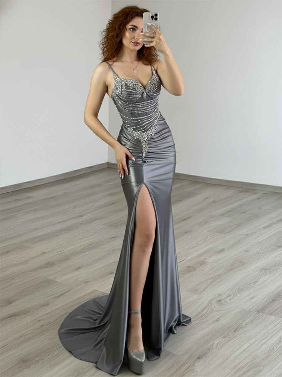 Gold Plunging V-Neck Beaded Bodice Satin Prom Dress with Slit