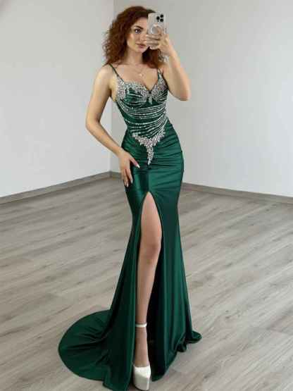 Gold Plunging V-Neck Beaded Bodice Satin Prom Dress with Slit